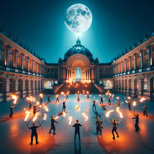 Entraînement de nuit avec des jongleurs de feu au Palais de Tokyo, Paris, avec une vingtaine d'artistes utilisant des torches, des staffs, et des cerceaux de feu.