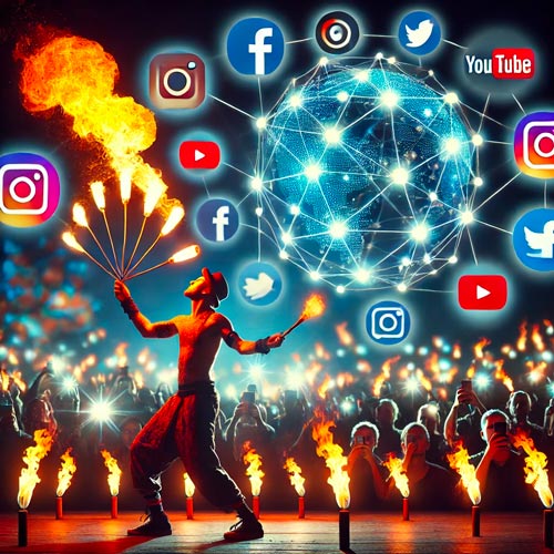  Jongleur de feu avec des flammes, entouré d'icônes de réseaux sociaux, symbolisant la visibilité mondiale offerte par les vidéos en ligne.