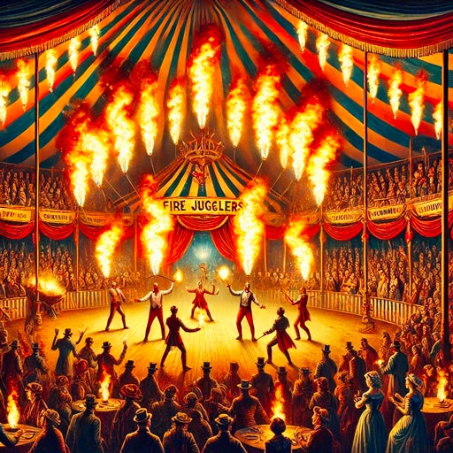 Jongleurs de feu se produisant dans un cirque du XIXe siècle, manipulant des torches et des éventails enflammés.