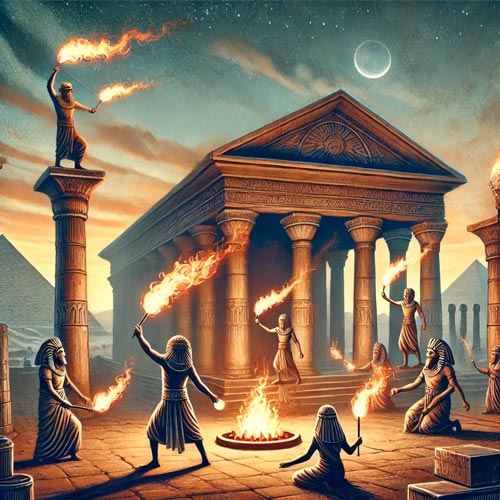 Illustration des origines des jongleurs de feu avec des scènes de rituels enflammés dans l'Antiquité.